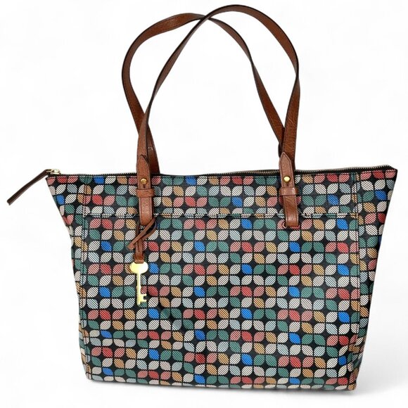 Fossil "Rachel" Large Tote Bag, PVC Outer Multicolor Pattern Key Charm Pockets‎ - Picture 2 of 11